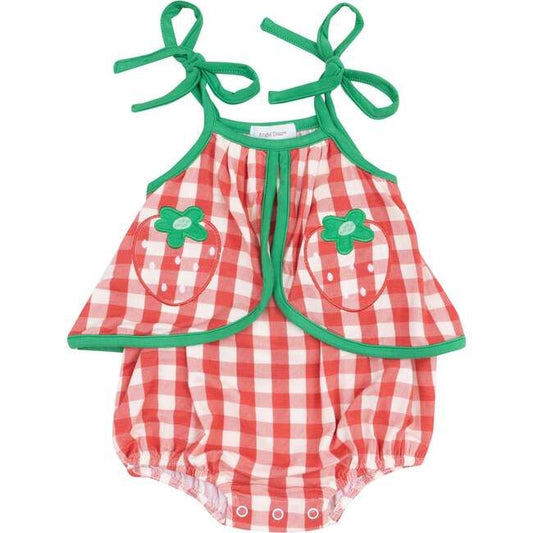 (Custom Design Preorder MOQ 5) Strawberry Red Plaid Print Baby Girls Summer Strap Skirted Romper