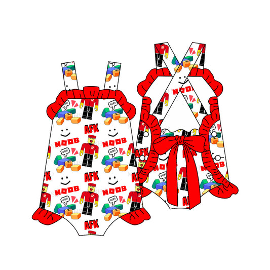 2.19(Custom Design Preorder MOQ 5) Cartoon Games Roblo* Red Print Baby Girls Summer Romper