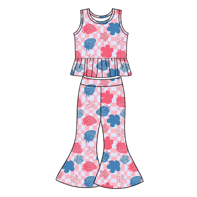 1.7(Custom Design Preorder MOQ 5) Strawberry Pink Plaid Tank Top Bell Pants Girls Clothes Set
