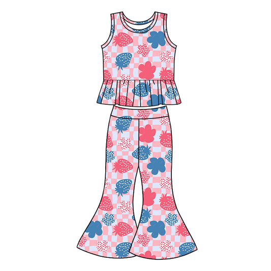 1.7(Custom Design Preorder MOQ 5) Strawberry Pink Plaid Tank Top Bell Pants Girls Clothes Set