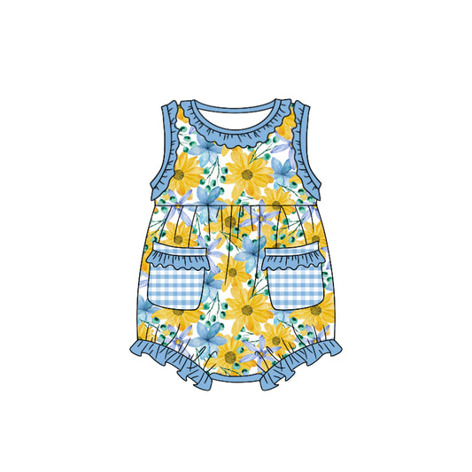 (Custom Design Preorder MOQ 5) Blue Flowers Print Pockets Baby Girls Summer Romper