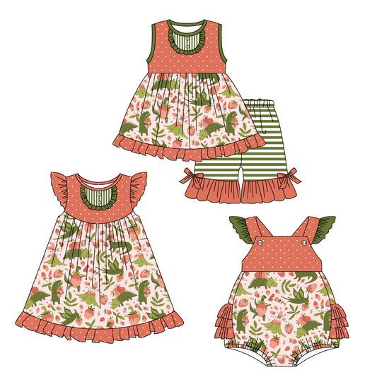 1.4(Custom Design Preorder MOQ 5 Each Design) Dino Strawberry Print Girls Summer Matching Clothes Sisters Wear