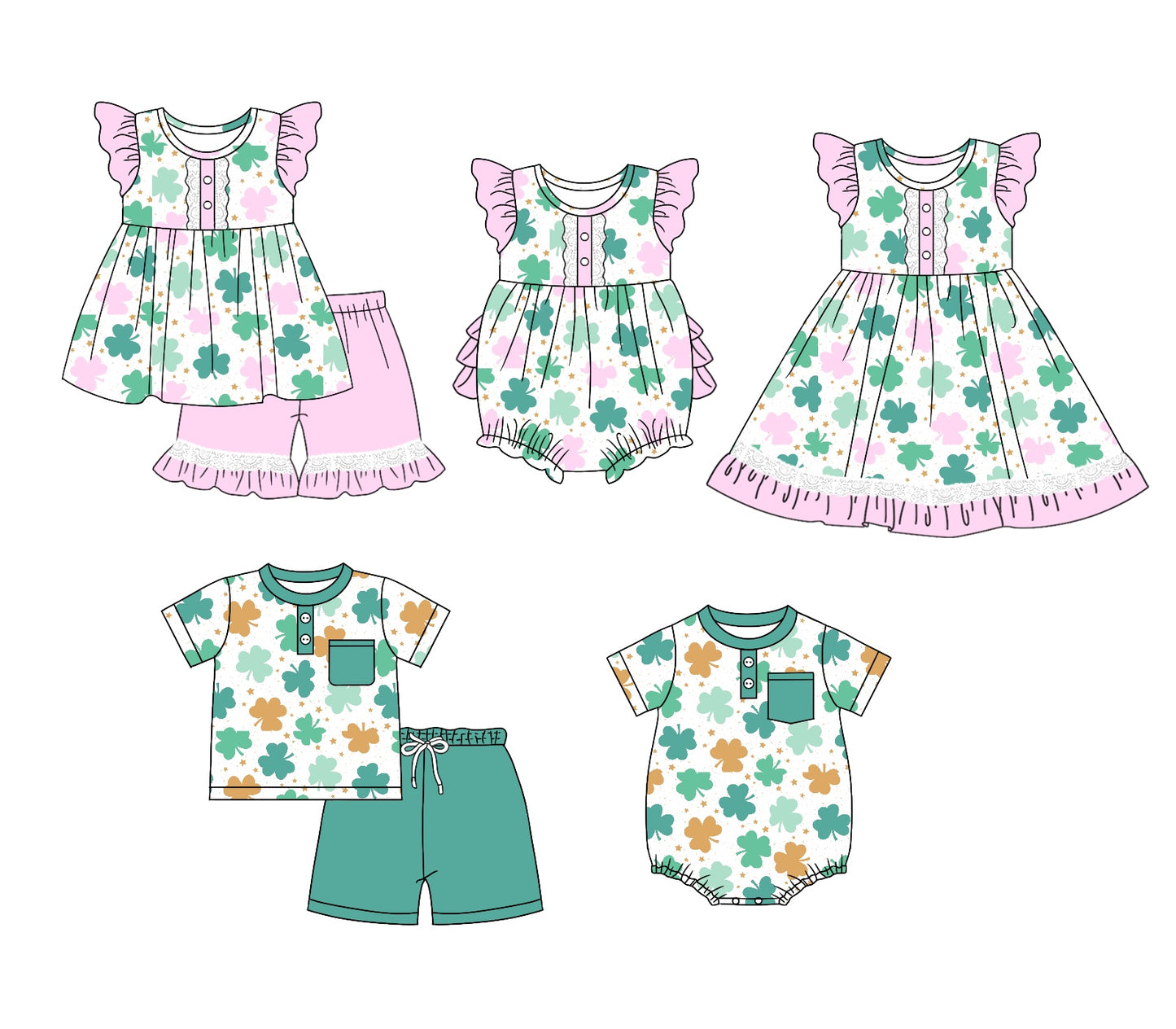 11.4(Custom Design Preorder MOQ 5 Each Design) Leef Print Kids St. Patrick's Day Matching Clothes Set Sibling Wear