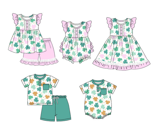 11.4(Custom Design Preorder MOQ 5 Each Design) Leef Print Kids St. Patrick's Day Matching Clothes Set Sibling Wear