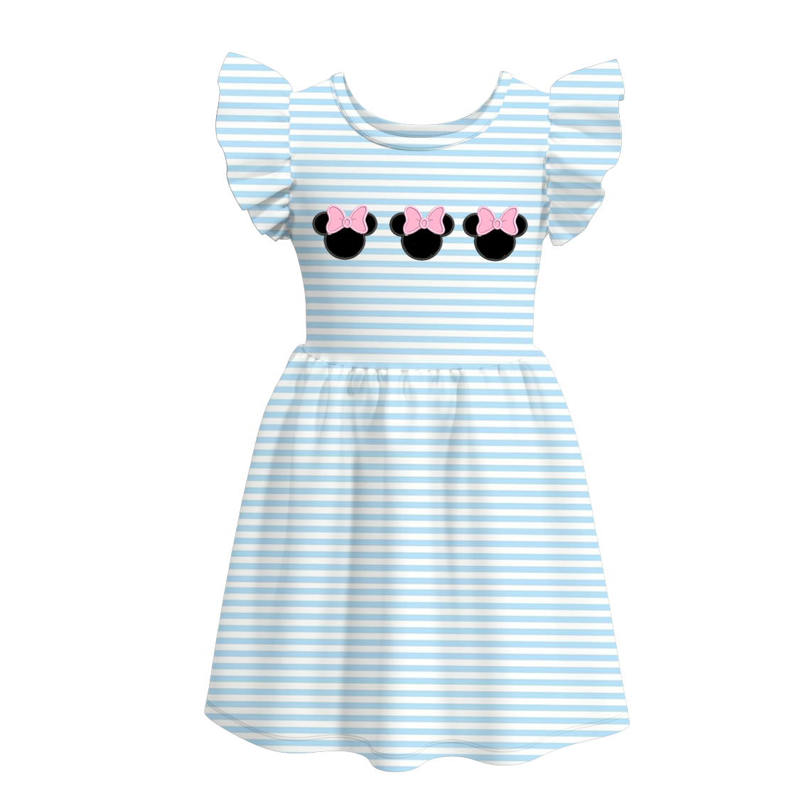 (Custom Design Preorder MOQ 5) Cartoon Mouse Blue Stripes Print Girls Knee Length Summer Dress