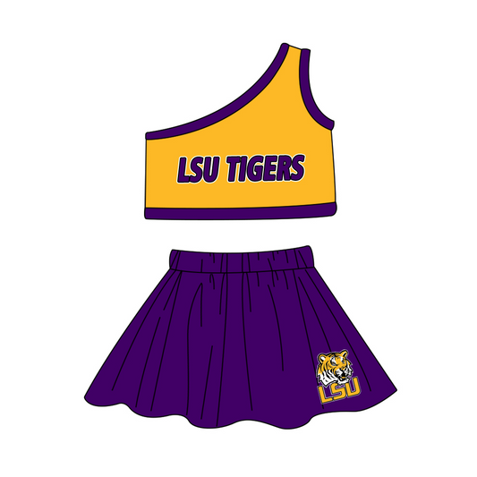 (Custom Design Preorder MOQ 5) Team's LSU TIGERS Print Girls Summer Skirts Clothes Set