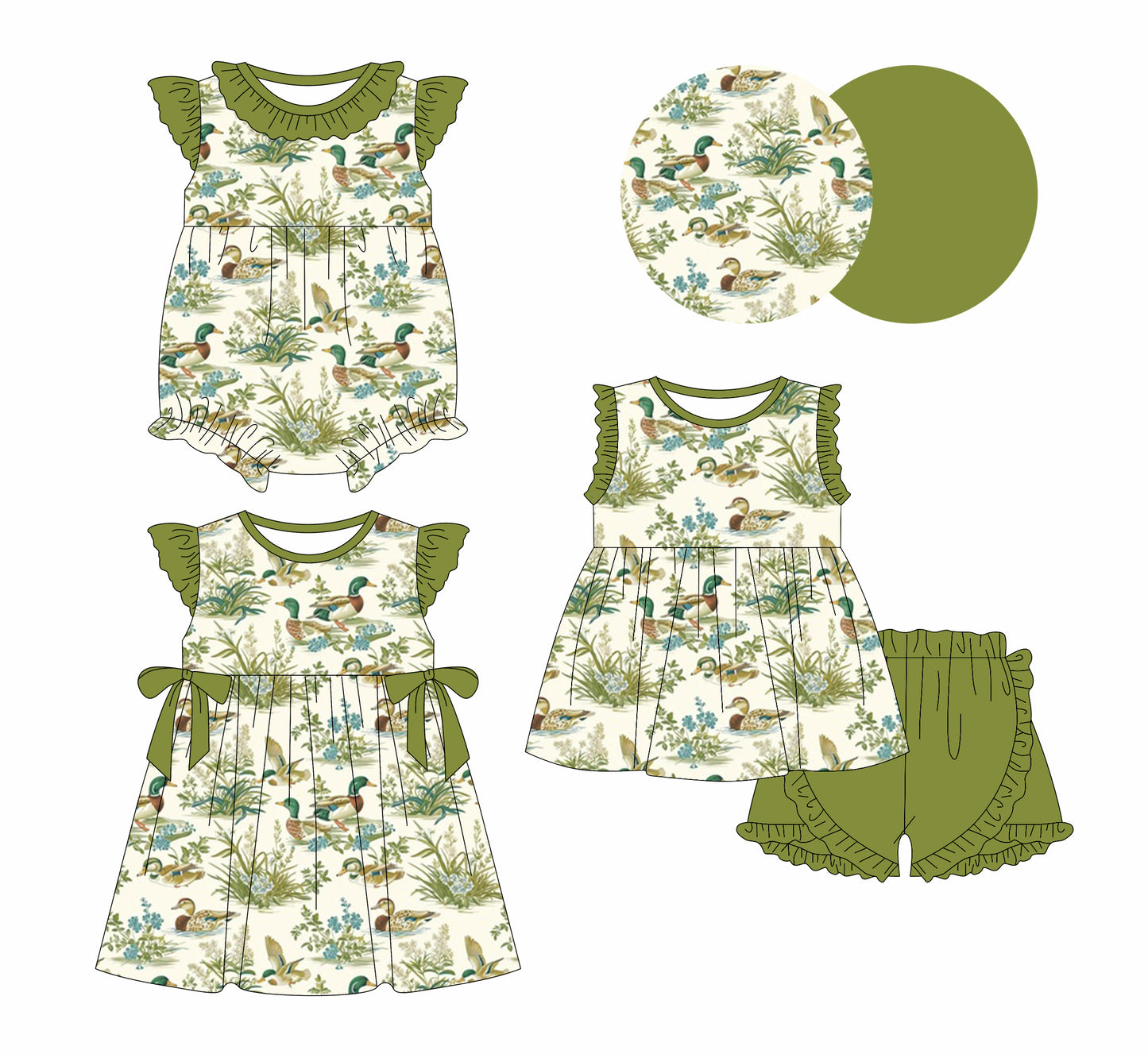 5.23(Custom Design Preorder MOQ 5 Each Design) Duck Green Print Girls Summer Matching Clothes Sisters Wear