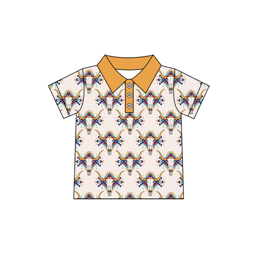12.2(Custom Design Preorder MOQ 5 ) Aztec Cow Skull Print Boys Summer Polo Tee Shirts Top