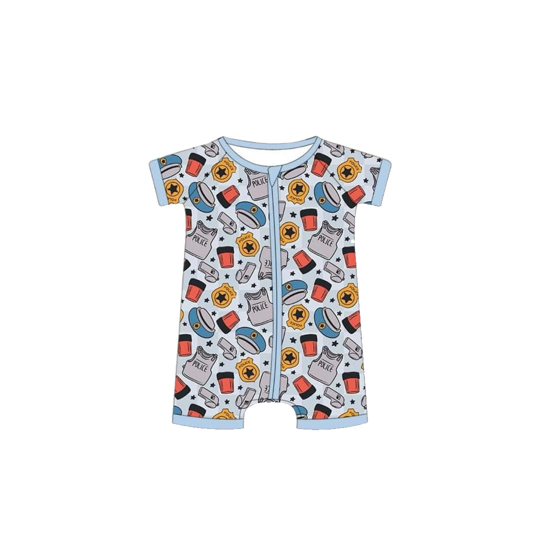 (Custom Design Preorder MOQ 5) Police Print Baby Boys Summer Zipper Sleeper Romper