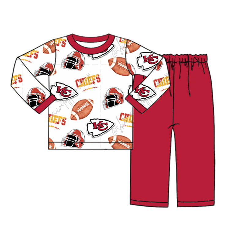 (Custom Design Preorder MOQ 5) Team's KC White Top Red Pants Boys Fall Clothes Set