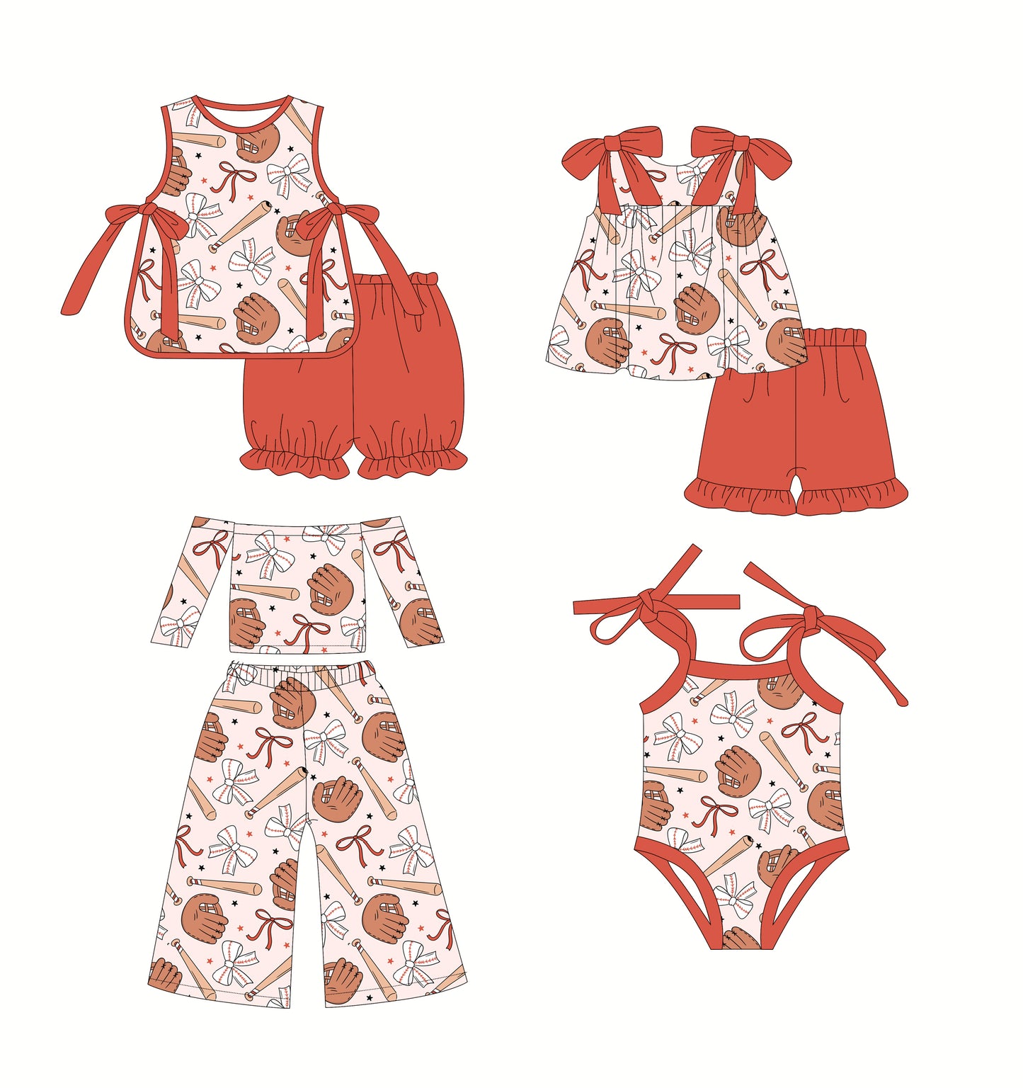 2.22(Custom Design Preorder MOQ 5 Each Design) Baseball Bows Red Print Girls Summer Matching Clothes Sisters Wear
