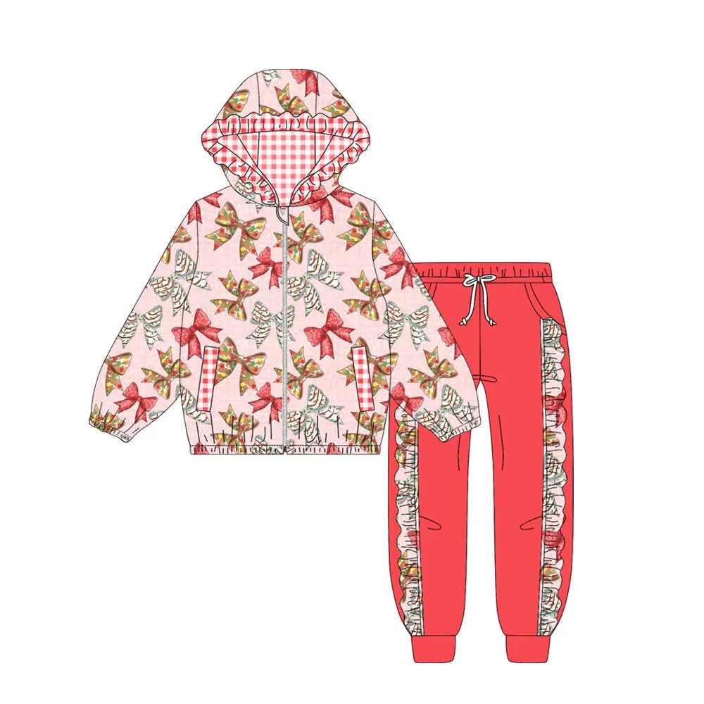 (Custom Design Preorder MOQ 5) Bows Pink Print Hoodie Zipper Top Pockets Pants Girls Christmas Clothes Set