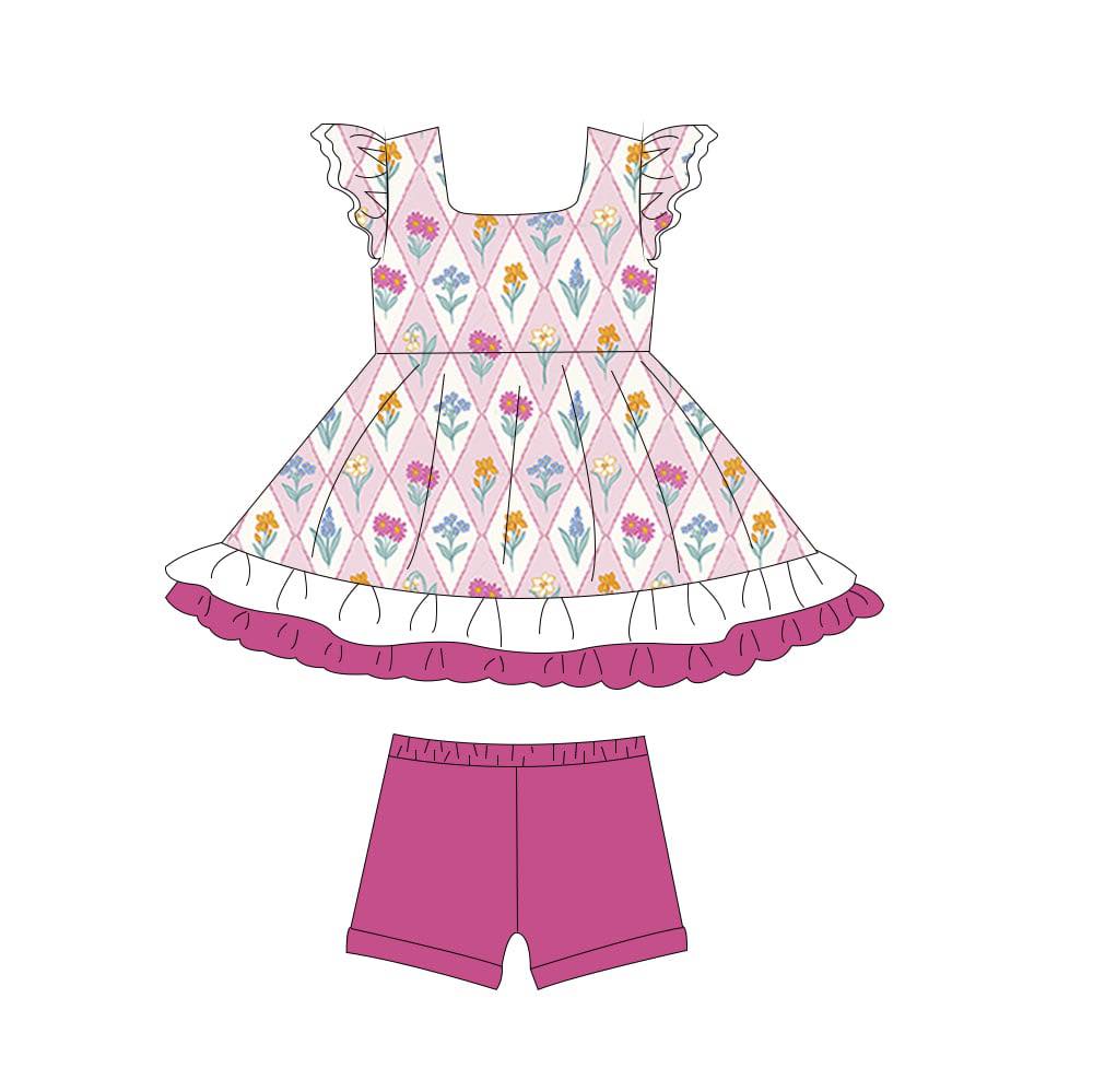(Custom Design Preorder MOQ 5) Flowers Tunic Top Dark Pink Shorts Girls Summer Clothes Set