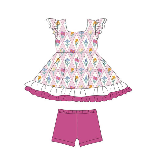 (Custom Design Preorder MOQ 5) Flowers Tunic Top Dark Pink Shorts Girls Summer Clothes Set