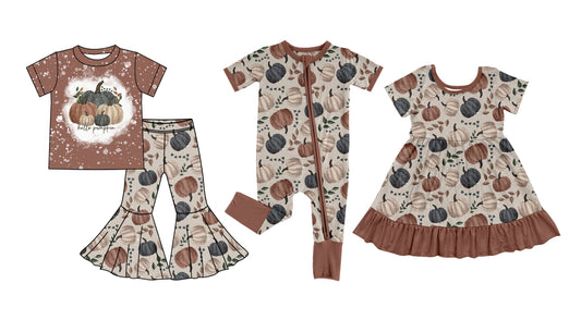 5.5(Custom Design Preorder MOQ 5 Each Design) Pumpkin Print Girls Fall Matching Clothes Sisters Wear
