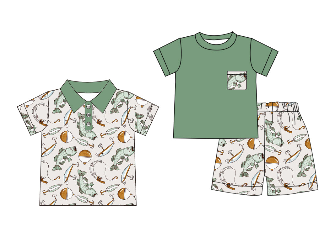 3.31(Custom Design Preorder MOQ 5 Each Design) Fishing Green Print Boys Summer Matching Clothes Brothers Wear