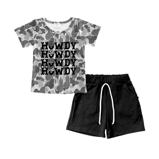 (Custom Design Preorder MOQ 5)  Howdy Grey Camo Top Black Shorts Boys Clothes Set