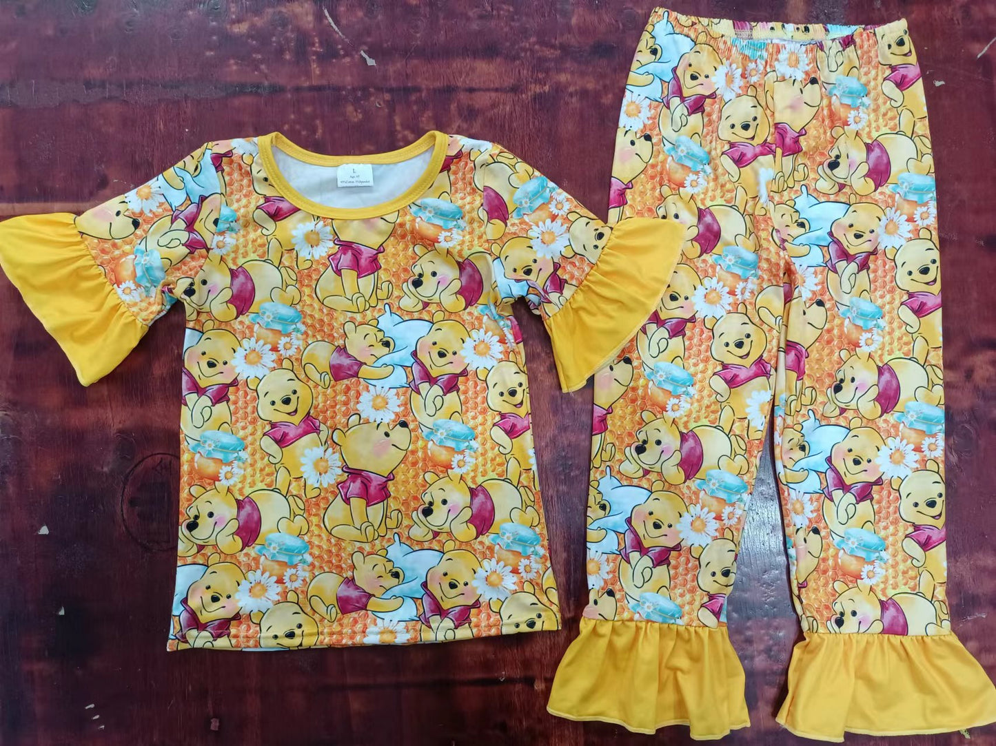 (Custom Design Preorder MOQ 5)Cartoon Bear Print Girls Pajamas Clothes Set