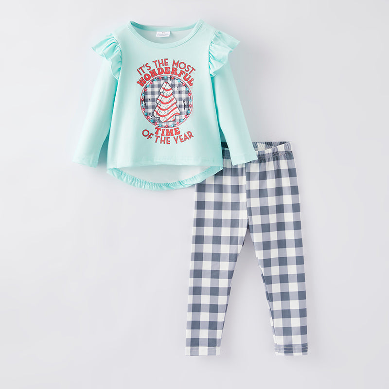 (Custom Design Preorder MOQ 5) Wonderful Time Debbie Cake Top Plaid Pants Girls Christmas Clothes Set