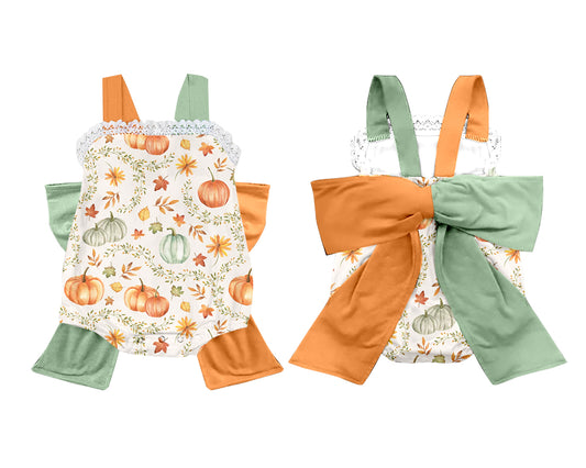 (Custom Design Preorder MOQ 5) Pumpkin Leaf Print Baby Girls Fall Romper Big Bow On the Back