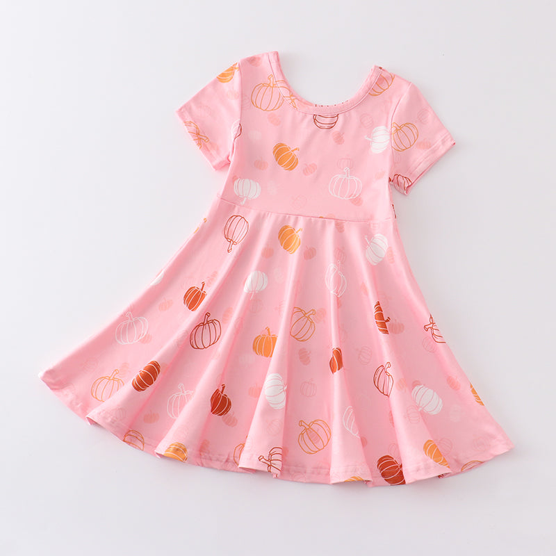 (Custom Design Preorder MOQ 5) Pink Pumpkin Print Girls Knee Length Fall Dress