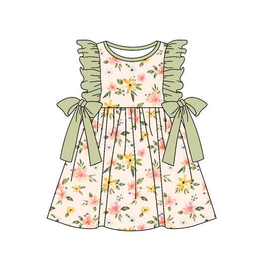 (Custom Design Preorder MOQ 5) Green Flowers Print Girls Knee Length Summer Dress