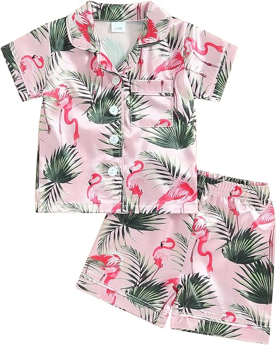 (Custom Design Preorder MOQ 5)  Flamingo Print Girls Summer Pajamas Clothes Set