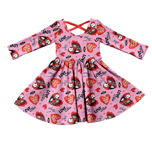 (Custom Design Preorder MOQ 5) LOVE Heart Print Girls Valentine's Knee Length Dress