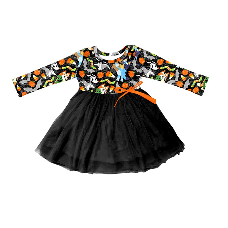 (Custom Design Preorder MOQ 5) Cartoon Dog Candy Print Girls Knee Length Halloween Tulle Dress