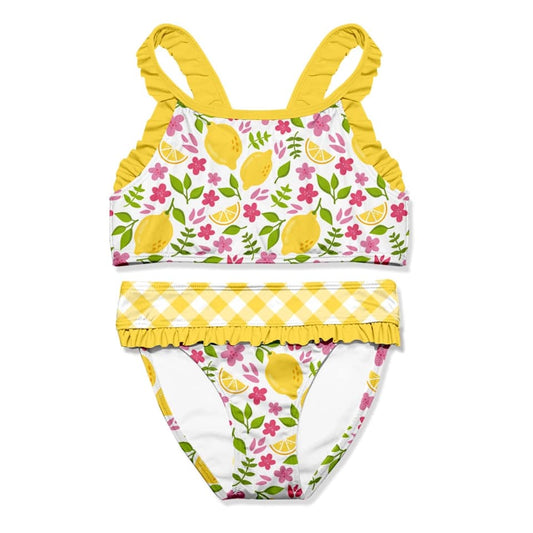 (Custom Design Preorder MOQ 5)  Lemon Flowers Print Girls 2 Piece Swimsuits