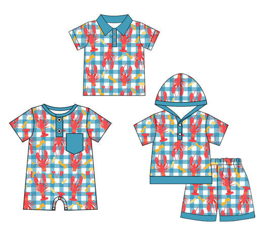 11.29(Custom Design Preorder MOQ 5 Each Design) Crayfish Blue Plaid Print Boys Summer Matching Clothes Brothers Wear
