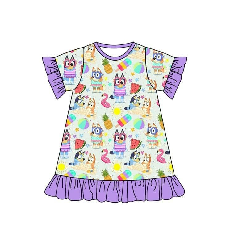 (Custom Design Preorder MOQ 5) Cartoon Dog Print Girls Knee Length Summer Dress