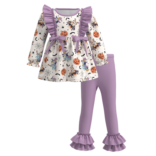 (Custom Design Preorder MOQ 5)  Cartoon Dog Pumpkin Tunic Top Purple Pants Girls Halloween Clothes Set