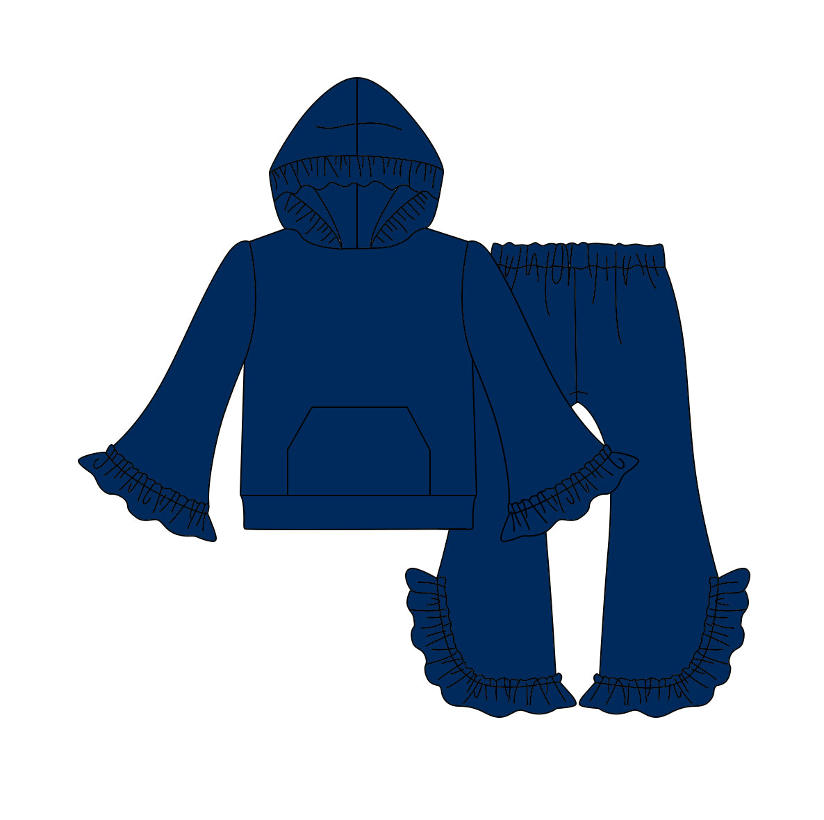 (Custom Design Preorder MOQ 5)  Navy Color Girls Hoodie Ruffles Fall Clothes Set