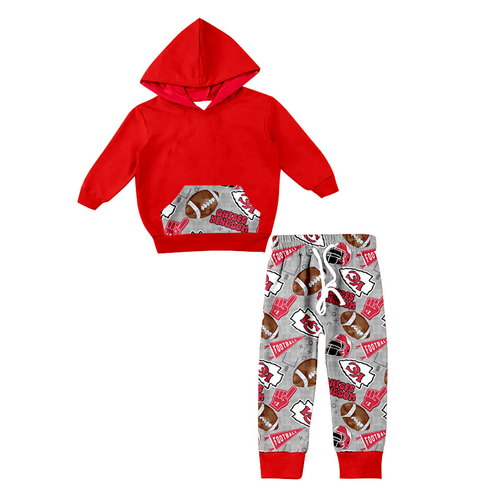 (Custom Design Preorder MOQ 5) Red Hoodie Pockets Top Team's KC Gray Pants Kids Fall Clothes Set