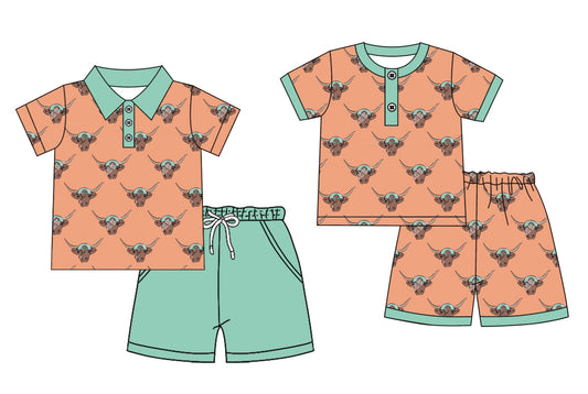 12.1(Custom Design Preorder MOQ 5 Each Design) Highland Cow Print Boys Summer Western Matching Clothes Brothers Wear