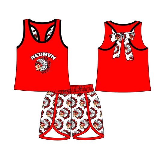 (Custom Design Preorder MOQ 5) Team's Redmen Red Top Shorts Girls Summer Clothes Set