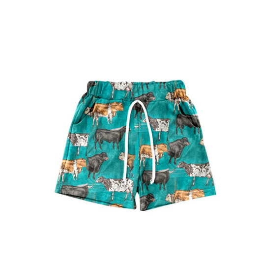 (Custom Design Preorder MOQ 5)  Cows Print Boys Summer Western Shorts