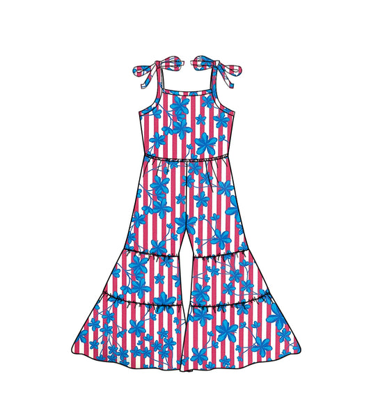 (Custom Design Preorder MOQ 5) Blue Flowers Red Stripes Print Girls 4th of July Jumpsuit