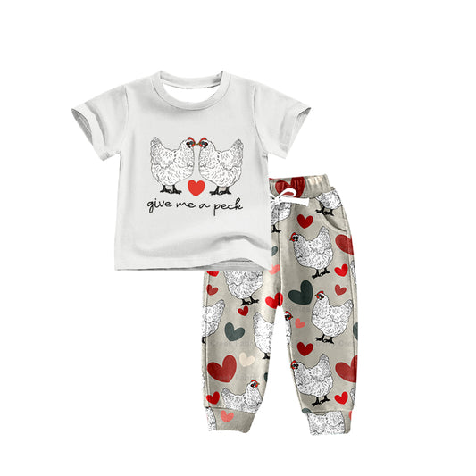 (Custom Design Preorder MOQ 5) Give Me A Peck Heart Chicken Print Kids Valentine's Clothes Set