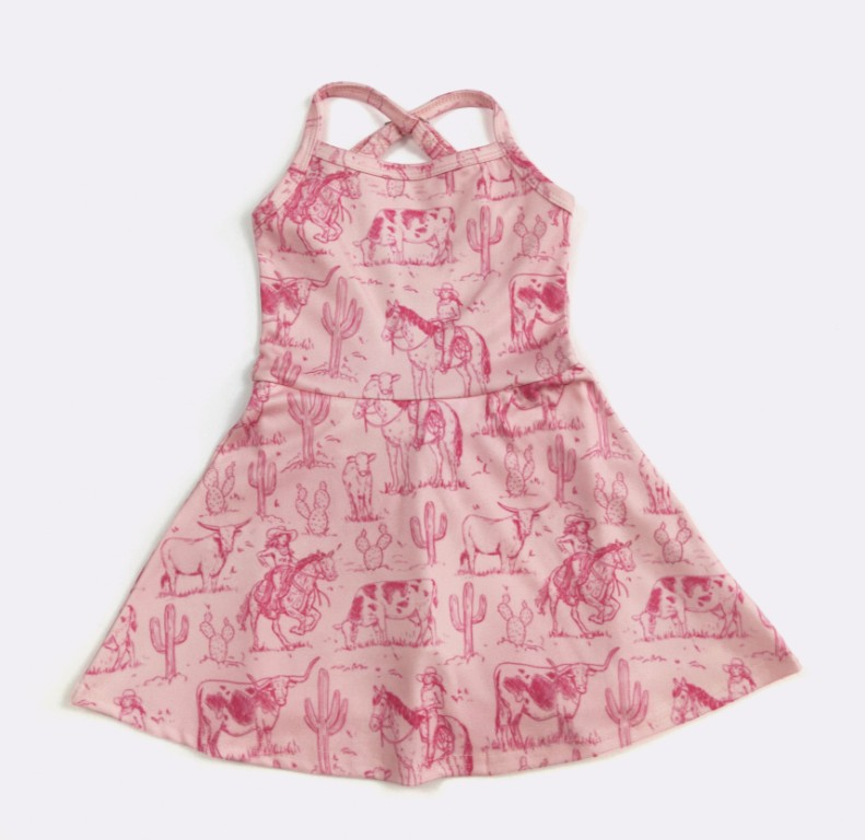 (Custom Design Preorder MOQ 5) Cowgirl Pink Print Backless Top Shorts Skirts Girls Summer Yoga Dress