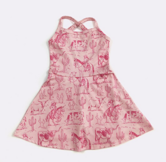 (Custom Design Preorder MOQ 5) Cowgirl Pink Print Backless Top Shorts Skirts Girls Summer Yoga Dress