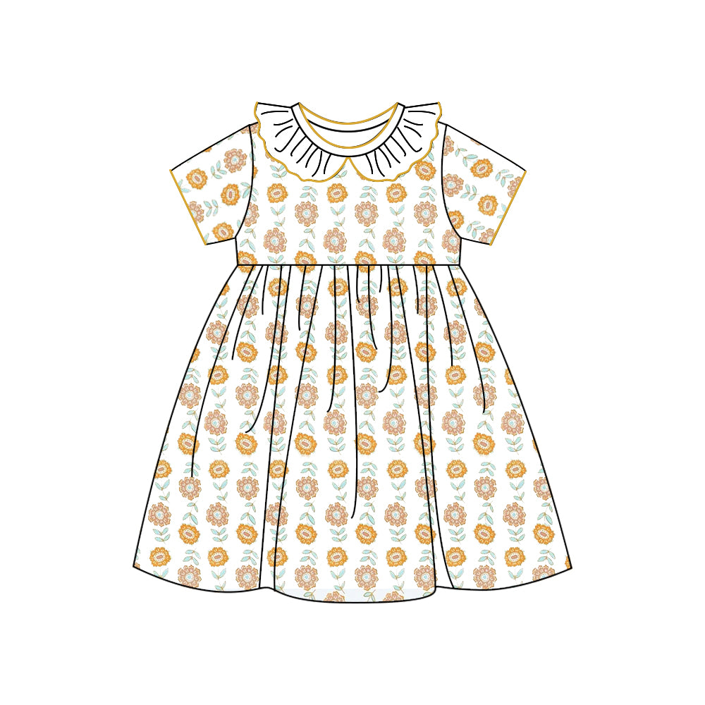 (Custom Design Preorder MOQ 5) Mustard Flowers Print Girls Knee Length Fall Dress