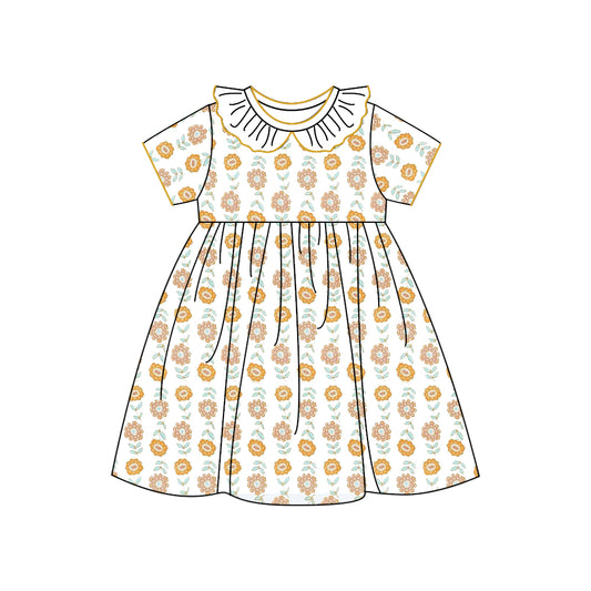 (Custom Design Preorder MOQ 5) Mustard Flowers Print Girls Knee Length Fall Dress