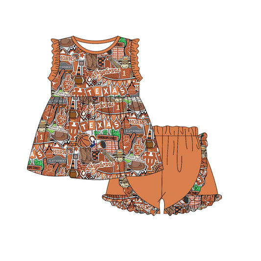 (Custom Design Preorder MOQ 5) Team's Texas Longhorns Gesture Print Girls Summer Clothes Set