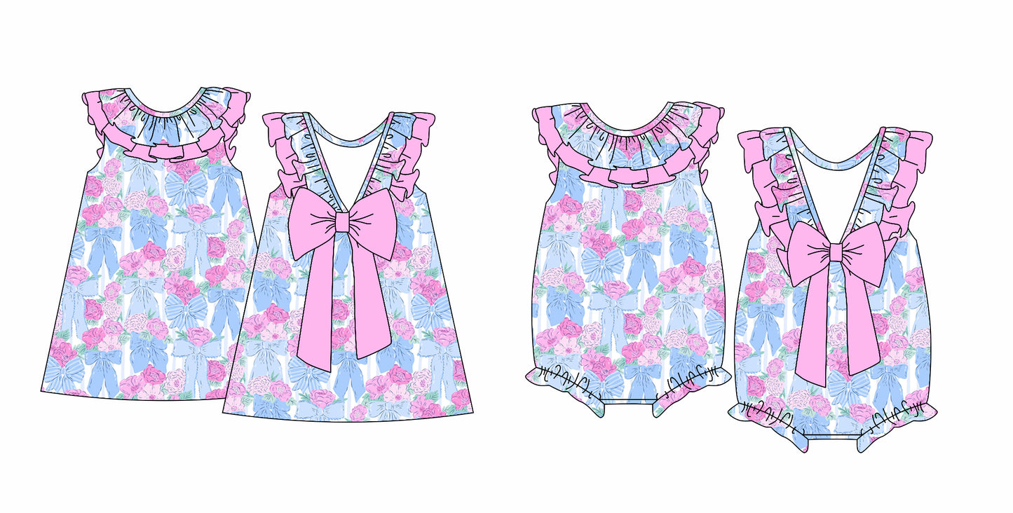 12.14(Custom Design Preorder MOQ 5 Each Design) Flowers Bows Print Girls Summer Matching Clothes Sisters Wear