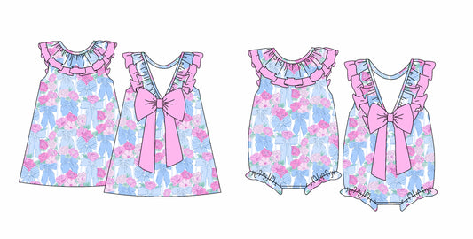 12.14(Custom Design Preorder MOQ 5 Each Design) Flowers Bows Print Girls Summer Matching Clothes Sisters Wear