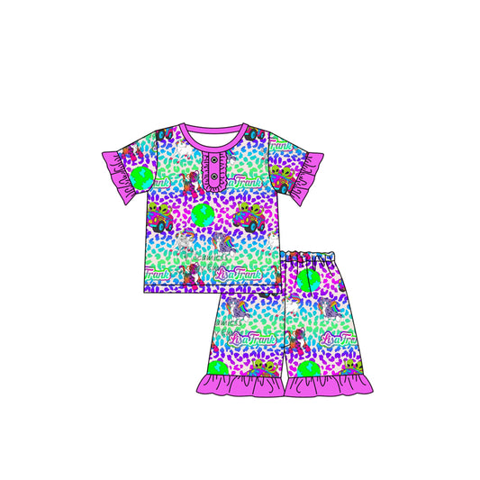 12.12(Custom Design Preorder MOQ 5) Colorful Leopard Lisa Print Girls Summer Pajamas Clothes Set