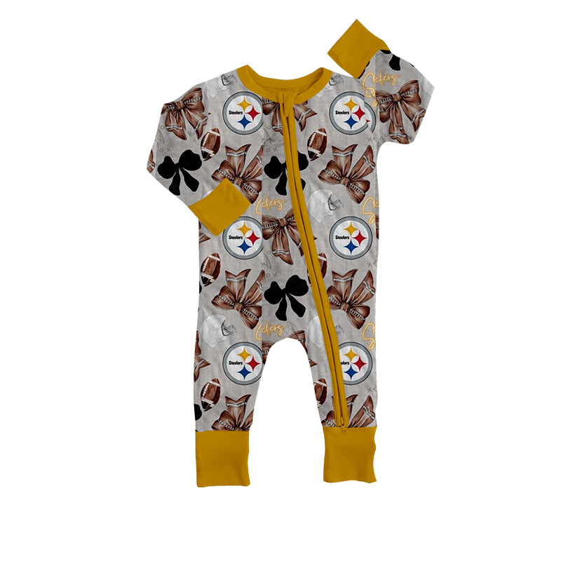 (Custom Design Preorder MOQ 5) Team's Steelers Bows Print Baby Girls Fall Bamboo Sleeper Zipper Romper