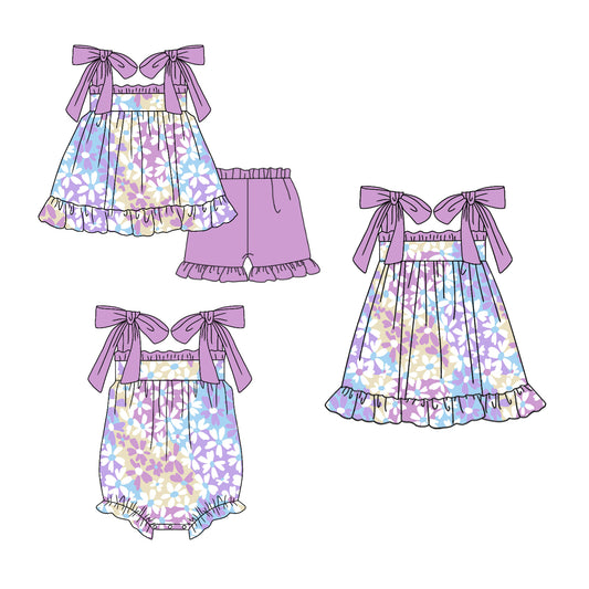 11.18(Custom Design Preorder MOQ 5 Each Design) Flowers Purple Print Girls Summer Matching Clothes Set Sisters Wear